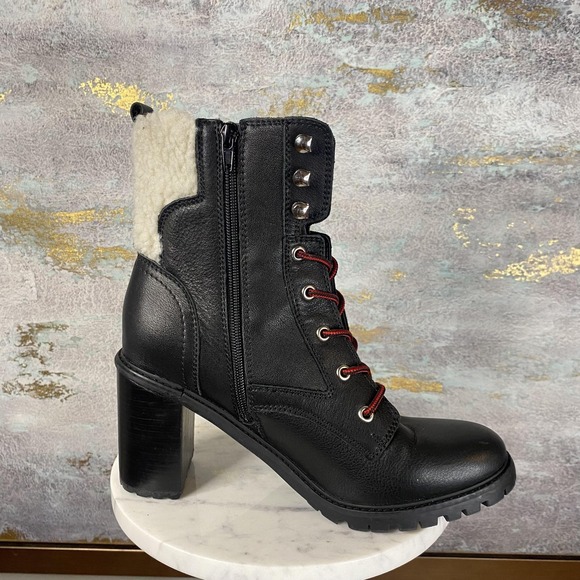 Nine West Boots Womens Size 9.5 Black Faux Leather Fur Lined Combat Heel Ankle - Picture 5 of 10